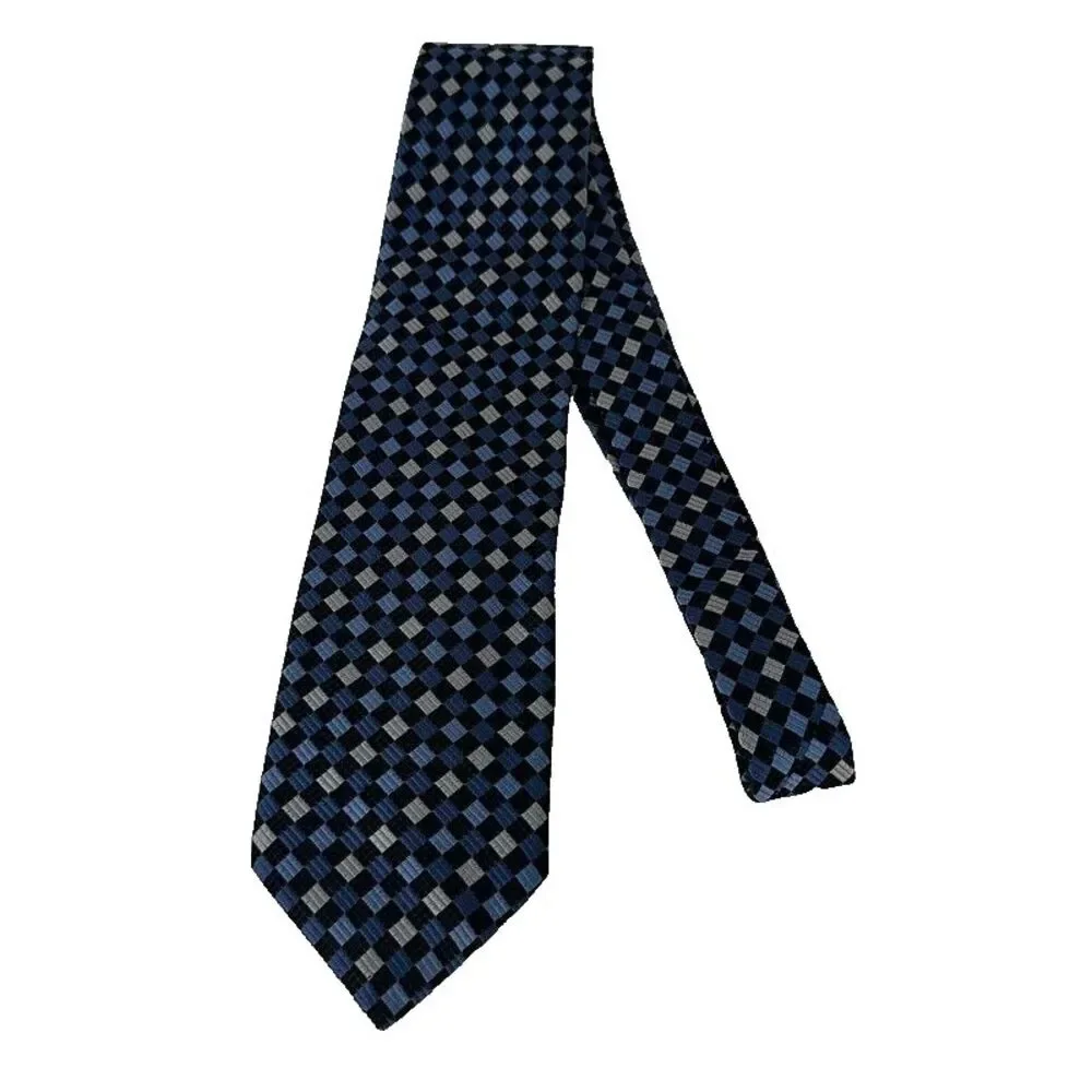 Canali Neck Tie Pure Silk‎ Made in Italy Blue Squares Geometric Mens
